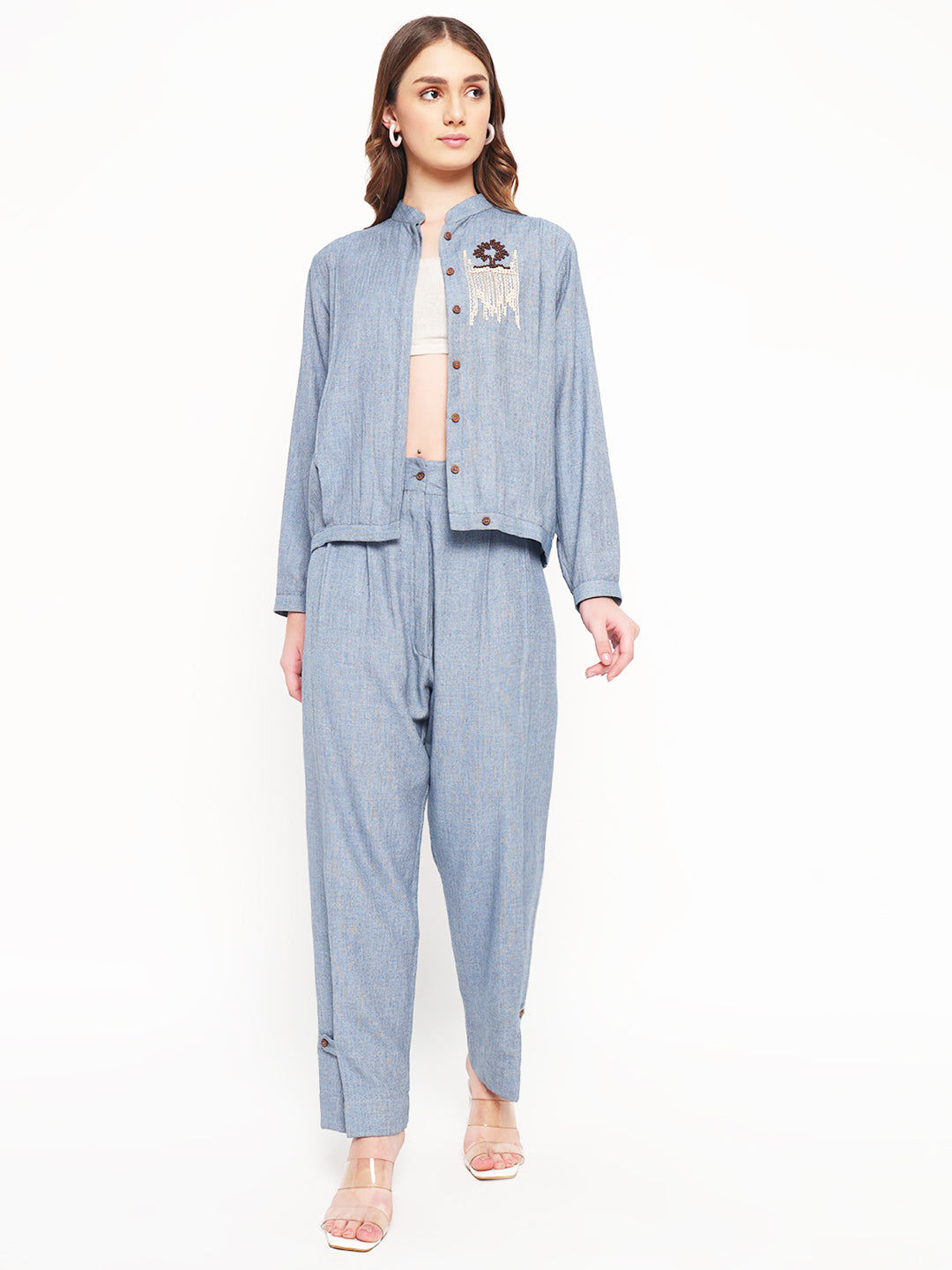 Embroidered herringbone cotton cord-set