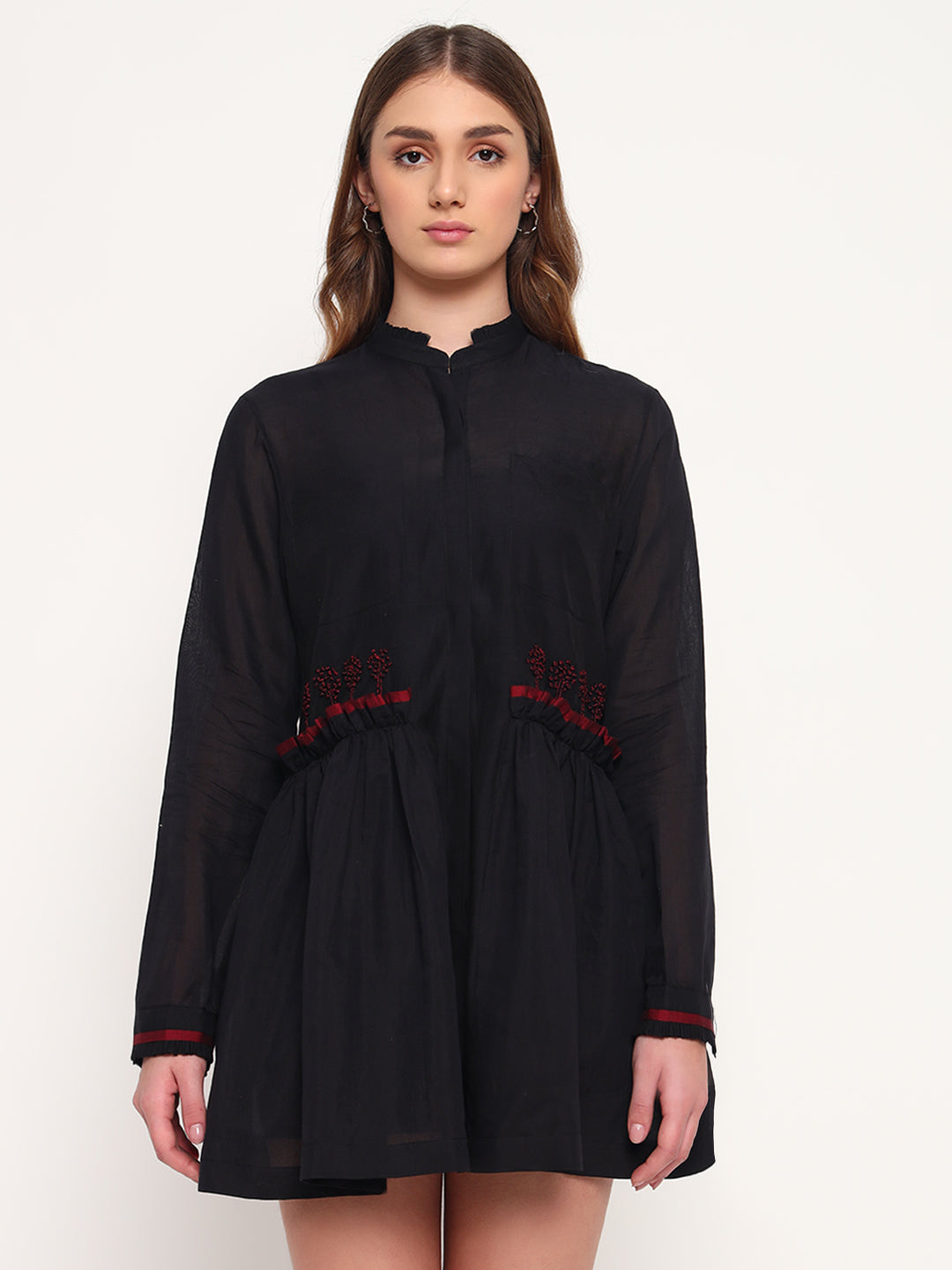 Black embroidered silk short dress