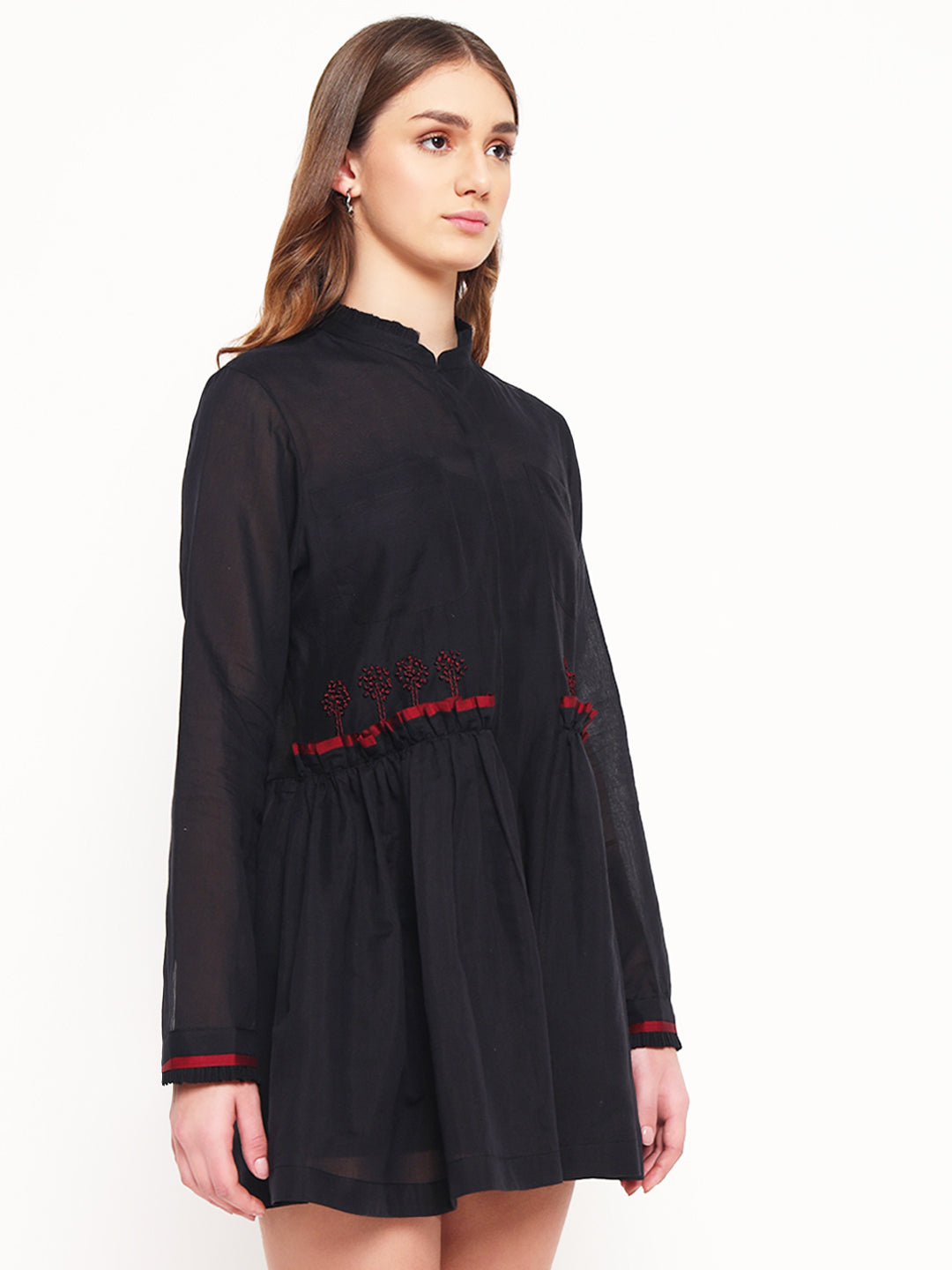 Black embroidered silk short dress
