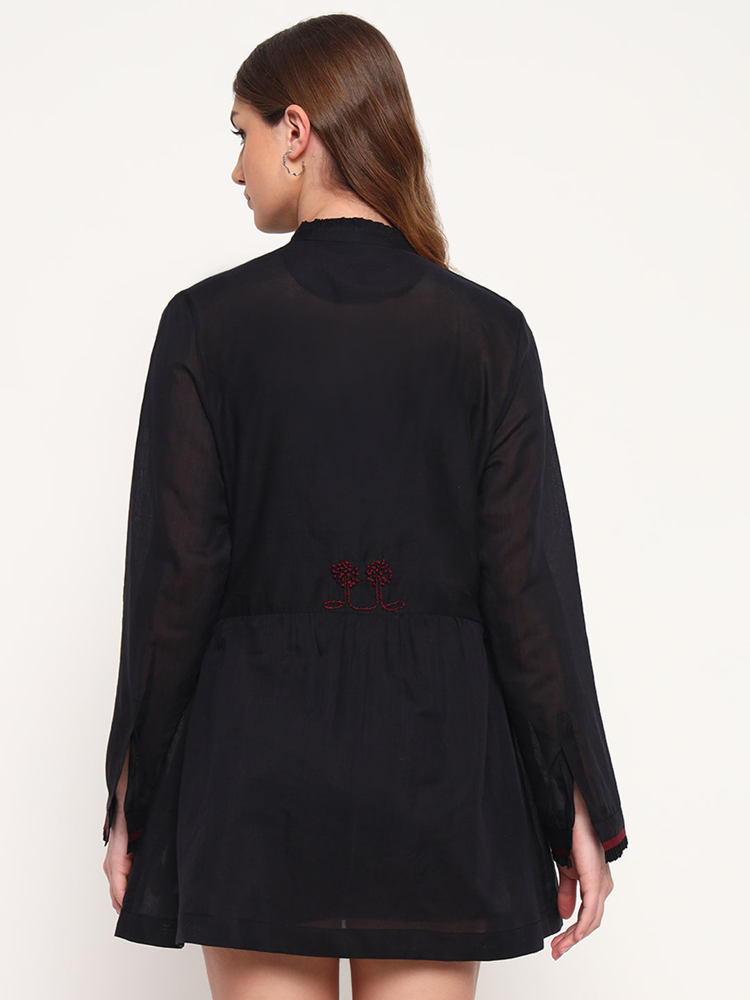 Black embroidered silk short dress
