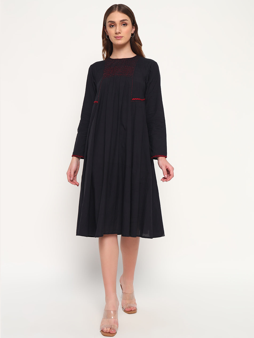 Navy embroidered flared dress