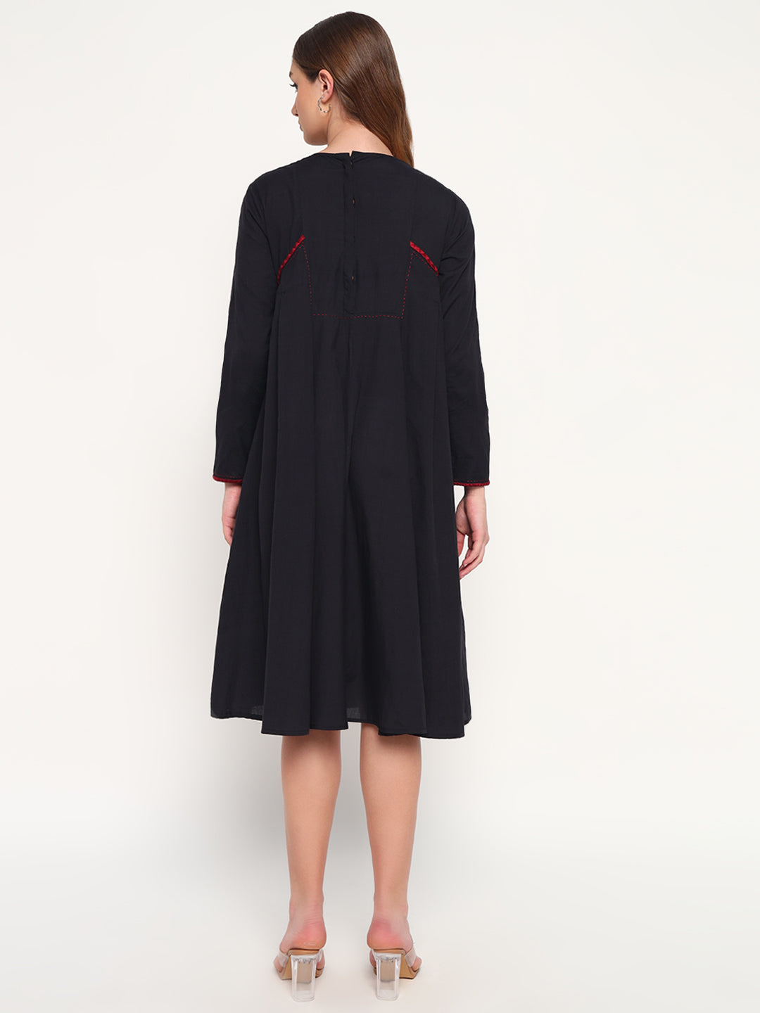Navy embroidered flared dress