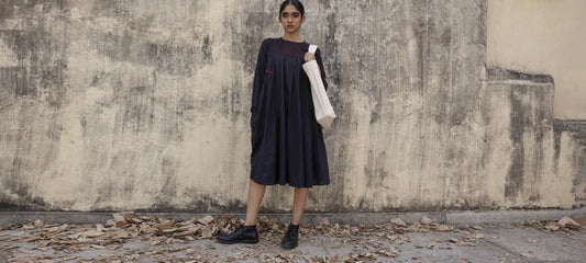 Navy embroidered flared dress