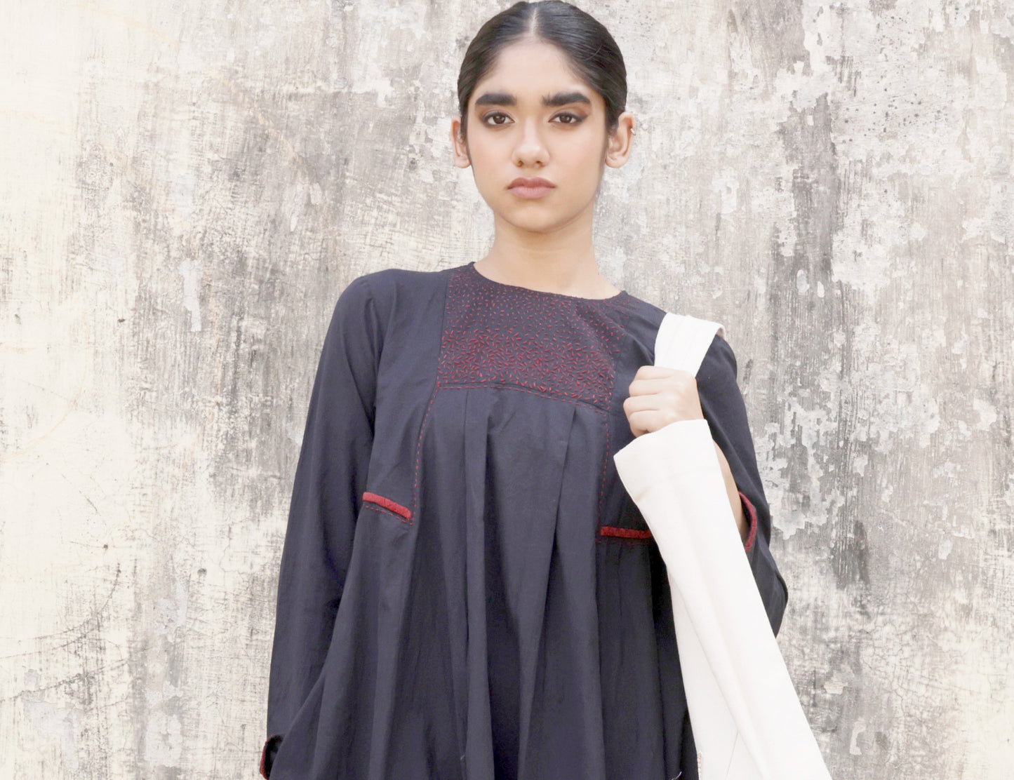 Navy embroidered flared dress