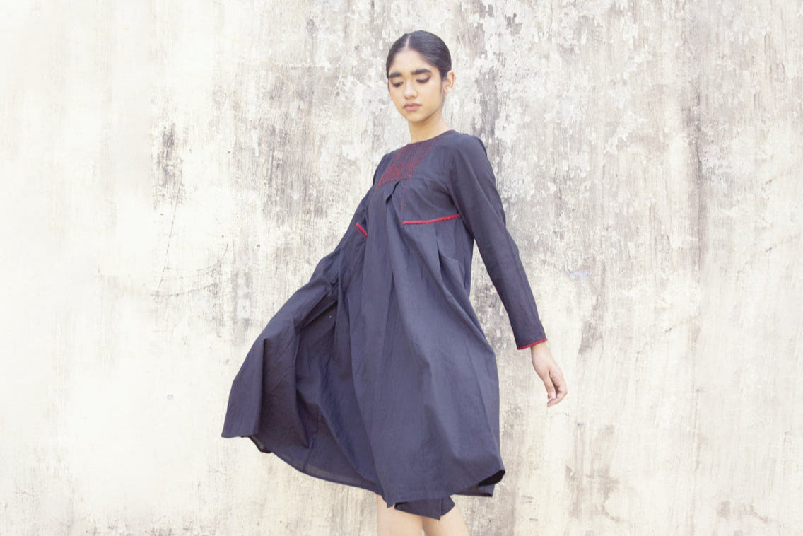 Navy embroidered flared dress
