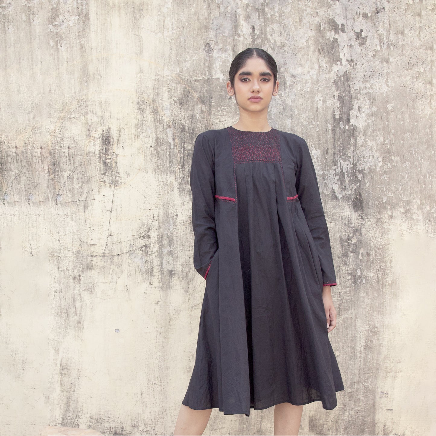 Navy embroidered flared dress
