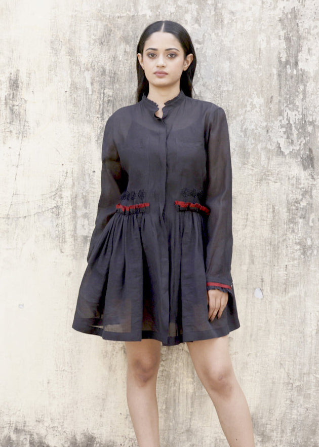 Black embroidered silk short dress